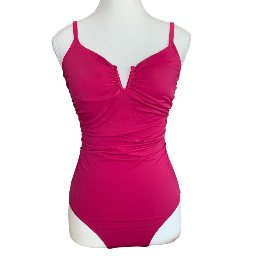 Time and Tru Pink Women's V Neck Ruched One Piece Swimsuit Size S (4-6)